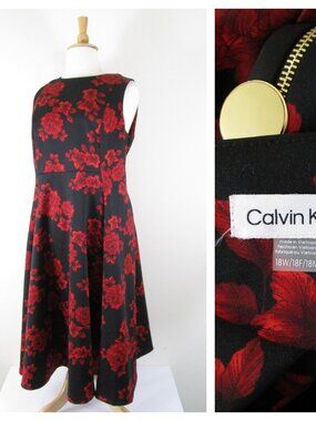 Calvin Klein Plus Size Red Black Floral A-line Midi Dress 18W Formal Business